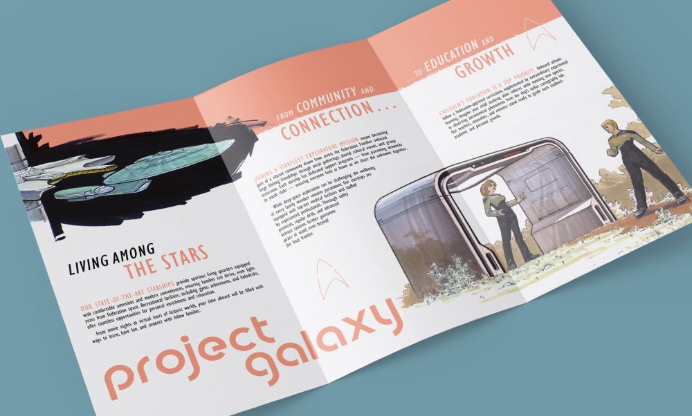 A slightly angled view of the inner spread of the Project Galaxy pamphlet. On the left, a stylized illustration of a Galaxy-class starship in dock, viewed from above. The rest of the layout showcases promotional text in soft coral tones, extolling community, connection, education, and family life aboard a deep-space Starfleet vessel. An illustration on the far right shows two officers in uniform standing near a compact habitat or classroom module, surrounded by greenery.