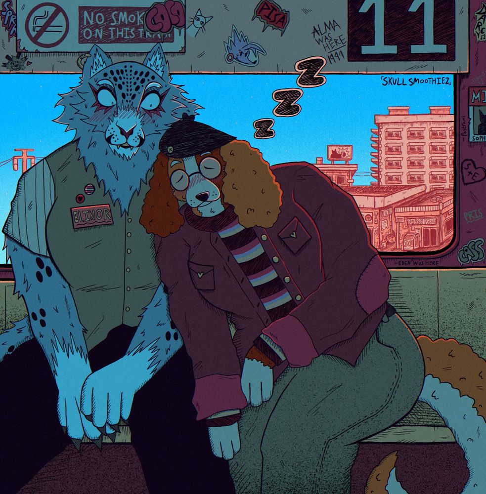 illustration of two anthro characters on a train with one sleeping on the shoulder of the other