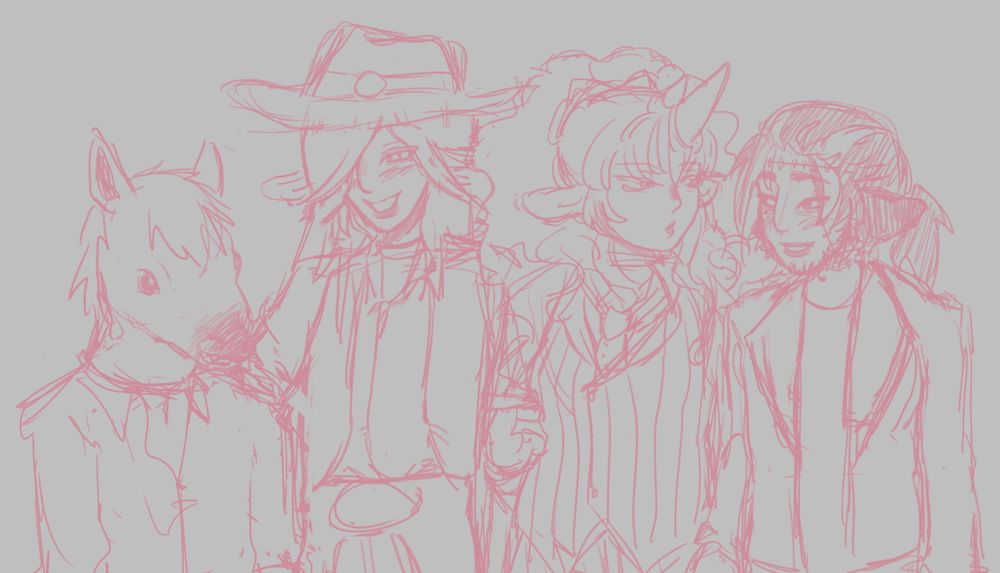 from left to right in a pink sketch, a short man (named amir) in a horse mask, a tall man (named eliana) in a cowboy costume, a slightly less taller woman (named jade) in a mafia boss costume, and a shorter woman (named feiyang) in a frankenstein's monster costume