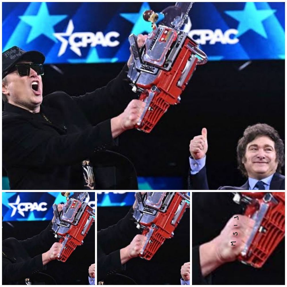 Elon Musk weilding a chainsaw with MS13 written on his hand