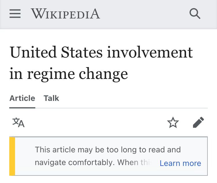 WIKIPEDIA
United States involvement in regime change
This article may be too long to read and navigate comfortably. When th
Learn more