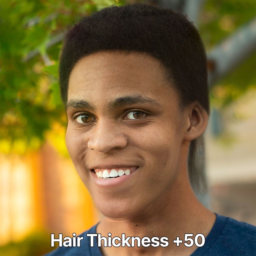 Hair Thickness +50. My hair becomes much longer in the back, creating a terrible-looking mullet.