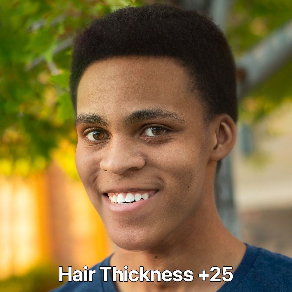 Hair Thickness +25. My hair is slightly longer and the smoothing effect is stronger. Small distortions appear around my chin and forehead.