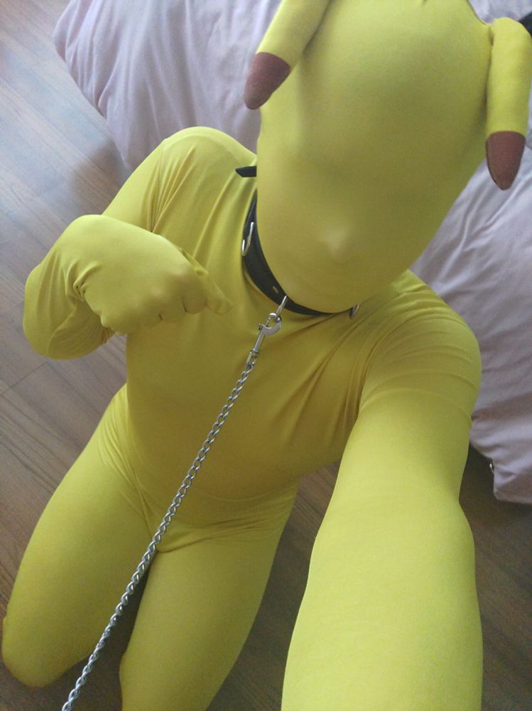 Myself wearing a Pikachu zentai suit with a collar and leash.
