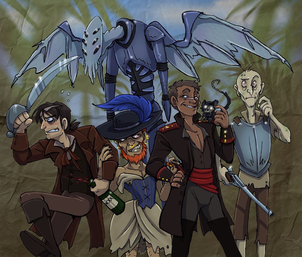 Four pirates, a flushed irate brunette man, a ginger bearded person of indeterminate gender, a smarmy scar-faced cocky captain with an undead monkey, a ghost possessing a gangrenous bald man in armor with a musket, and a looming Cthulhu-esque pale alien looming behind them.