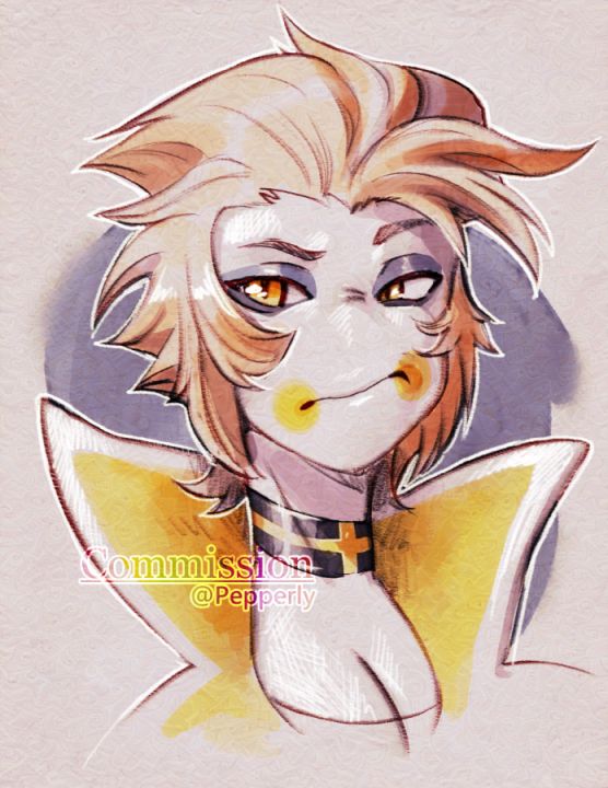 A headshot of a character with white skin and no nose, seemingly judging something off to one side.