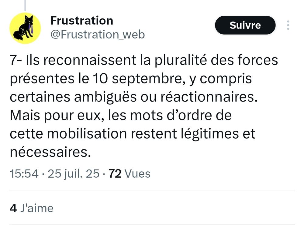 Tweet de frustration web qui reprend un appel a manifester de "faire bloc faire peuple" : "ils reconnaissent la pluralité des forces présente le 10 septembre, y compris certaines ambiguës ou réactionnaires, mais pour eux les mots d'ordres de cette mobilisation restent légitimes et nécessaires. 
25 juillet 25