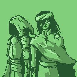 A long haired wanderer stands next to a hooded figure in armor