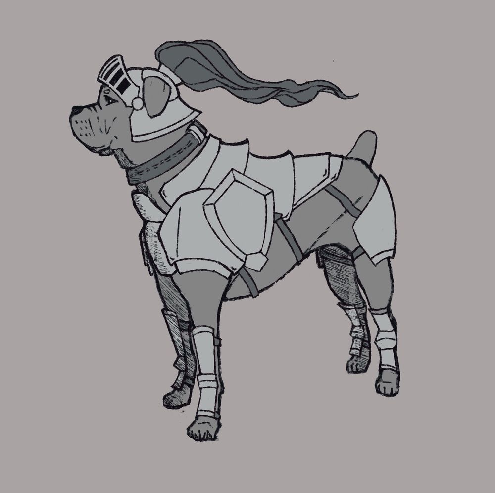 A gray cane corso in plate armor
