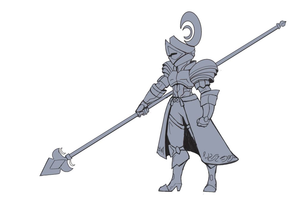 A knight holds a spear and faces to the left, his helm adorned with a large crescent