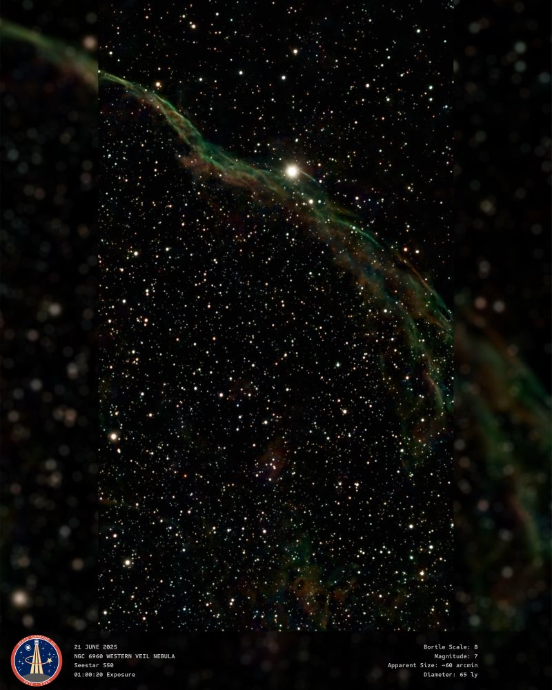The Veil Nebula streaks green and orange against a backdrop of stars.