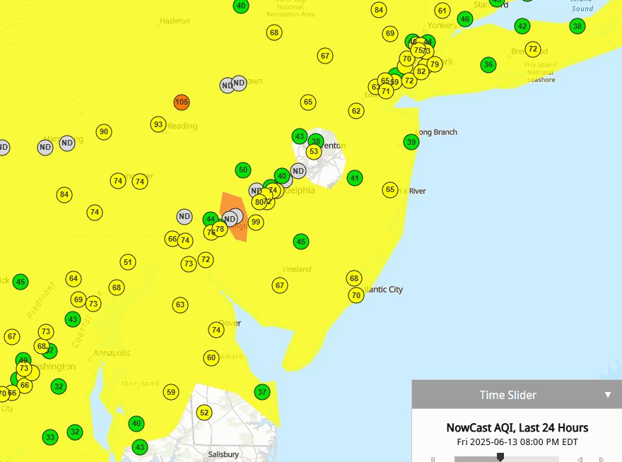 Poor air quality from a fire in New Jersey that is quite large. Large zonee of code red with some purple in there at times. 