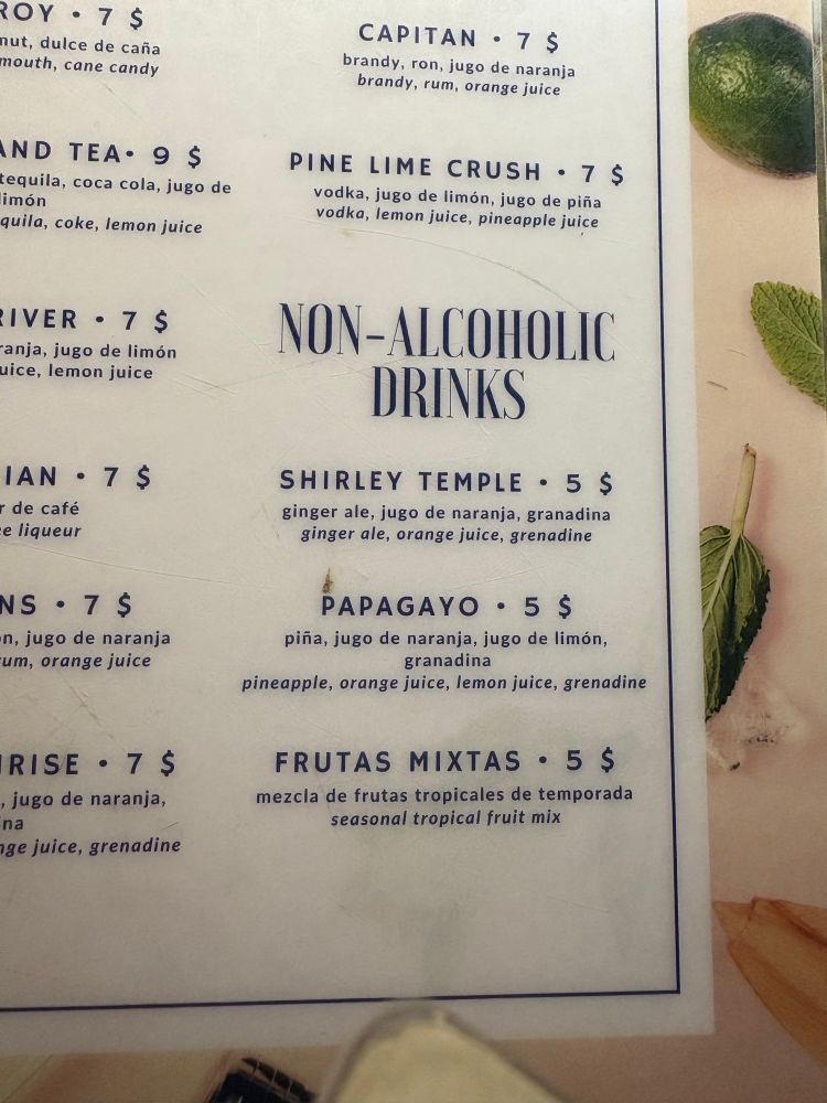 Non-alcoholic drink menu. 