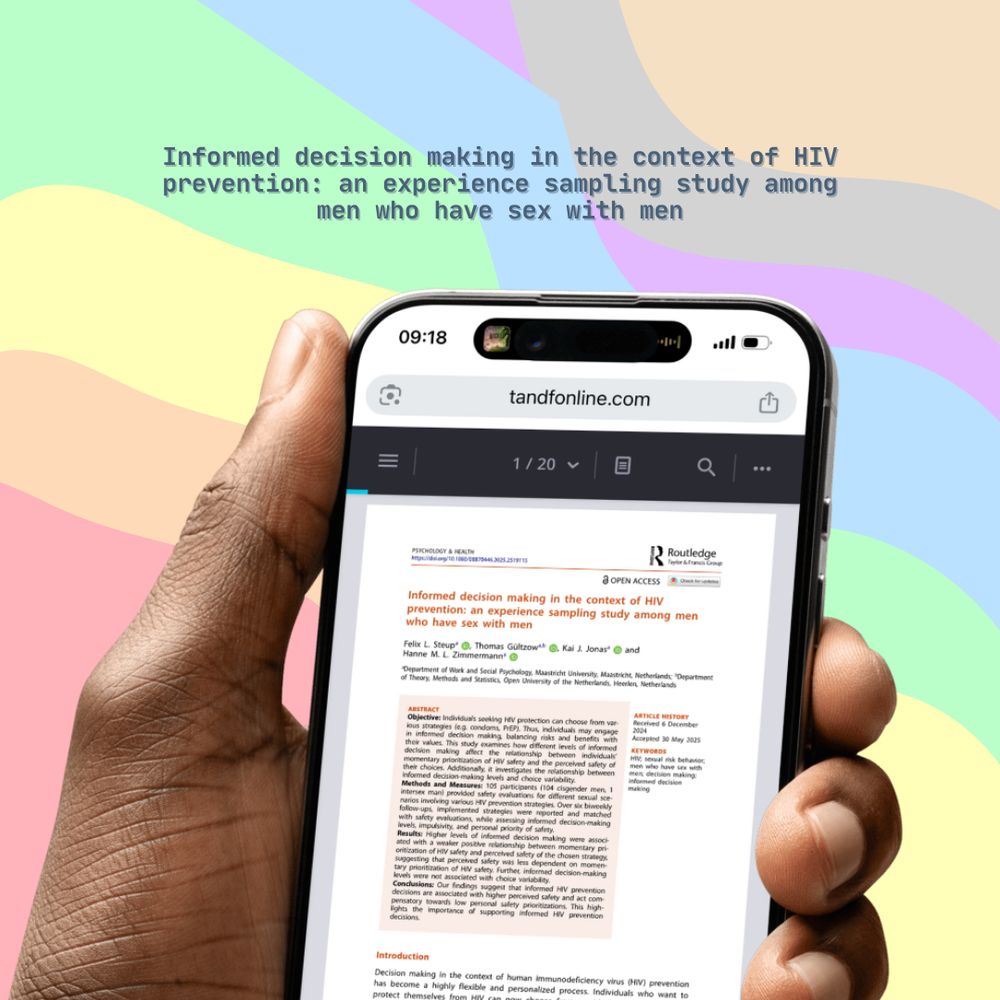 A hand holds a smartphone displaying an academic article titled "Informed decision making in the context of HIV prevention: an experience sampling study among men who have sex with men" on the Taylor & Francis website (tandfonline.com). The phone screen shows the first page of the article with authors listed. The background features a pastel rainbow wave pattern, reinforcing LGBTQ+ themes.