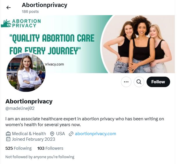 Homepage of the Twitter account of the fake business. They claim to be based in the US, and have 103 followers. Their profile photo is an AI generated woman in a white shirt, claiming to be an associate healthcare expert who has been writing "for several years now". Their company twitter handle is "madelinej02", like all good company handles would be.