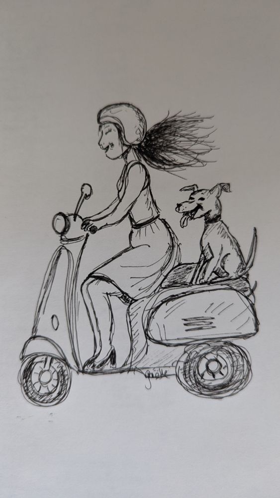 Black ink sketch of a girl on a scooter with a helmet, long hair in the wind, a dress, high heels and a happy dog sitting behind her 