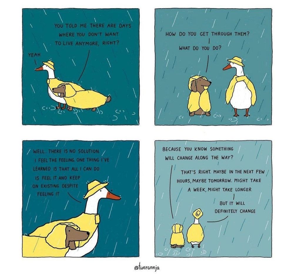 A dog and a goose

Dog: "You told me there were days you didn't want to live anymore"

Goose: "Yeah"

Dog: "How do you get through them? What do you do?"

Goose: "Well. There is no solution. I feel the feeling. One thing I've learned is that all I can do is feel it and keep on existing despite it."

Dog: "Because something will change along the way?" 

Goose: "That's right. Maybe in the next few hours. Maybe in an hour. Might take a week, might take longer.

But it will definitely change"