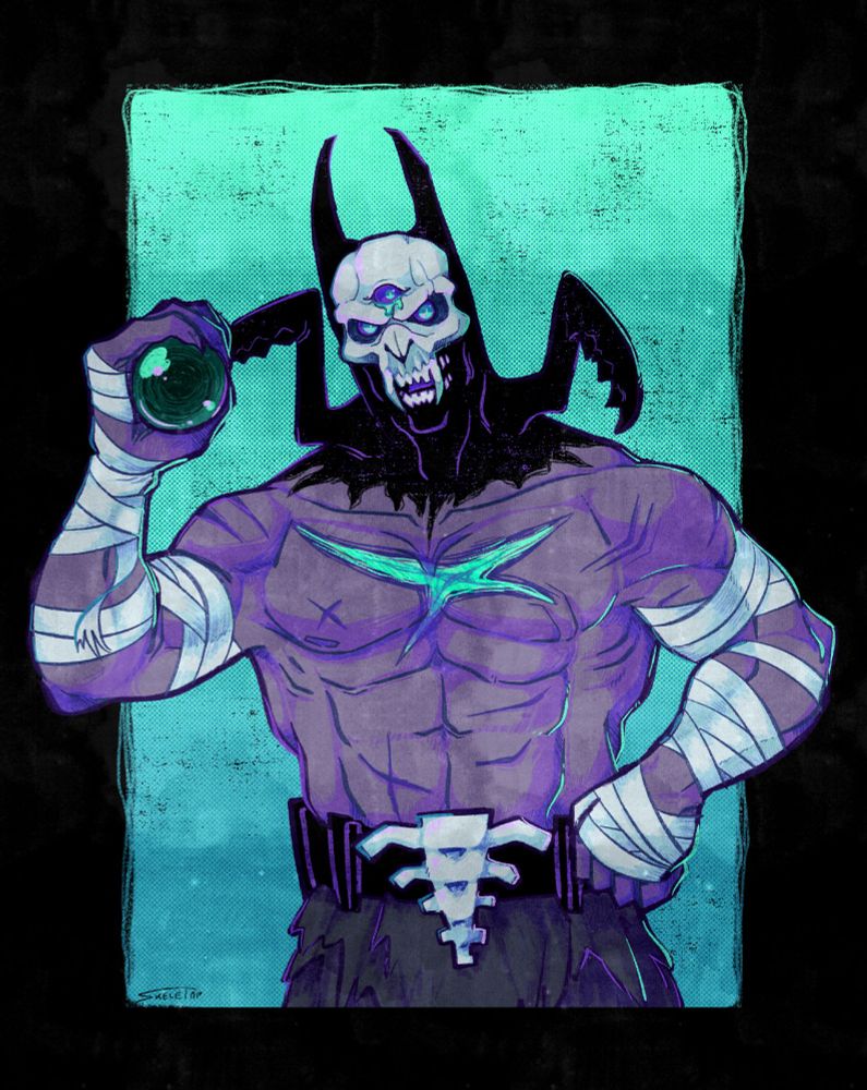 Fanart of skullvolver's character Lord Kleptonox. He is a shirtless demon-like character with a skull face and pointy horns, with two claw like appendages sprouting out of his shoulders. His arms are bandaged and he is holding an ender pearl in his right hand with his other hand on his hip.