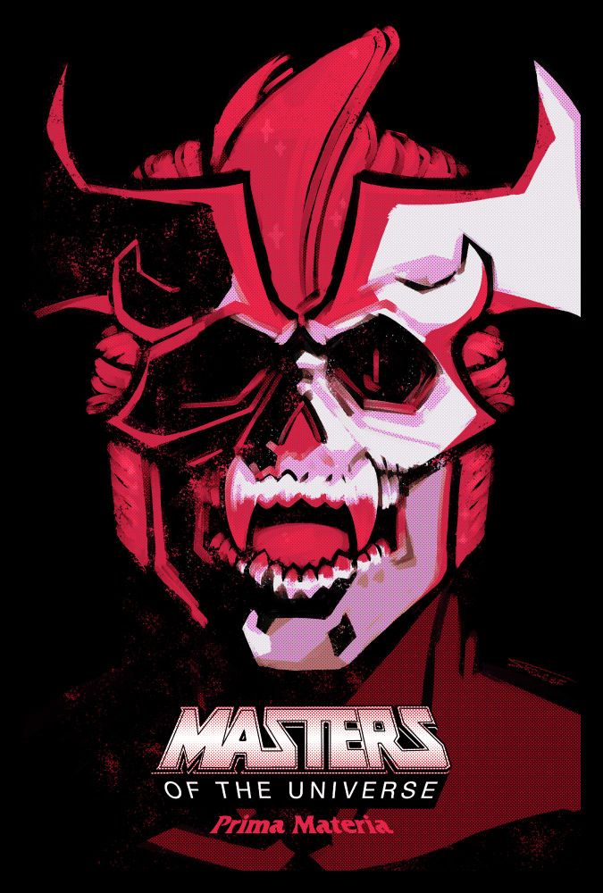A portrait of the Masters of the Universe original character, Spinal Tap. He has a skull like, reptilian appearance. Half his face is obscured in darkness, and the other is illuminated by his glowing red hair. He is looking at the viewer with his fanged mouth open in a snarl. At the bottom of the image is the 'Masters of the Universe' logo in black and white, with 'Prima Materia' below it in smaller, red colored text.