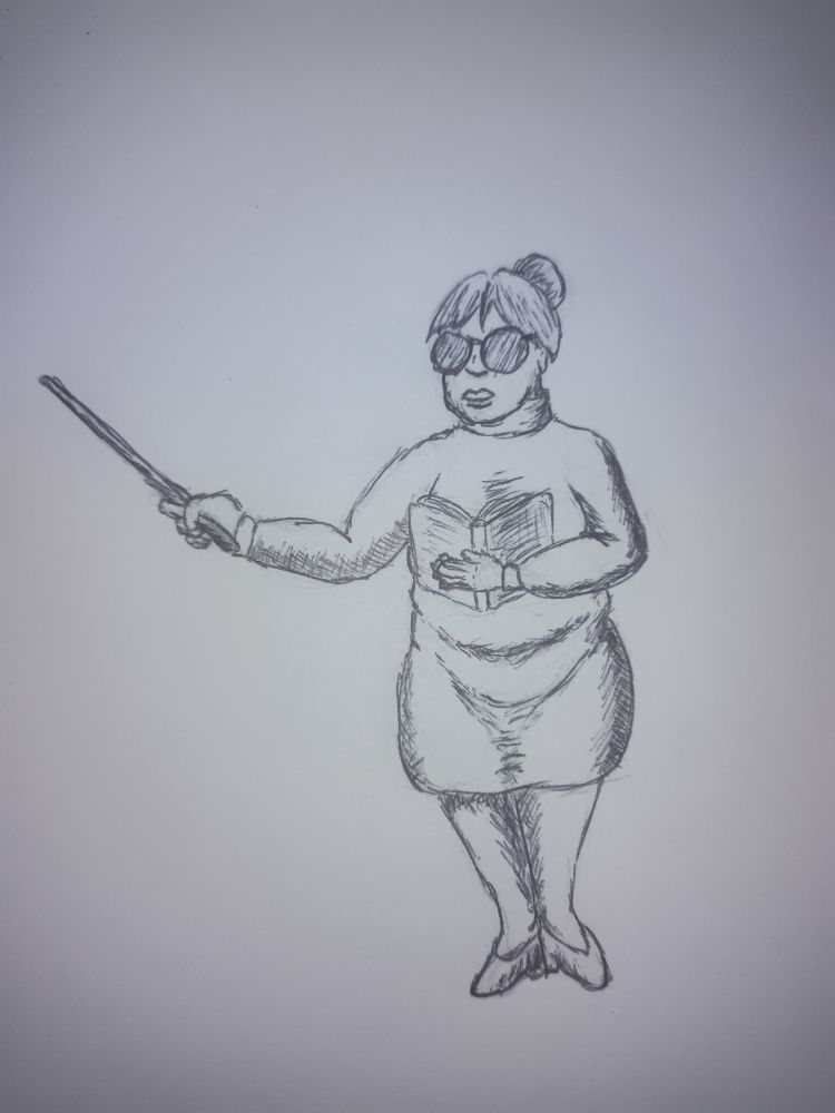A fat woman with round glasses, and a bun, wears a tight sweater dress. She is holding a book in one hand and a pointing stick in the other