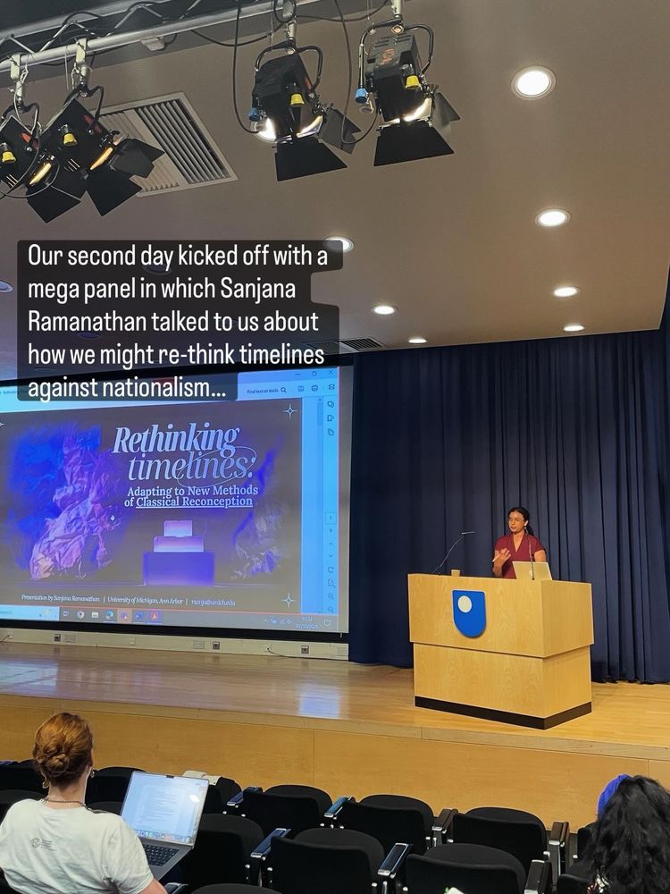 Text: our second day kicked off with a mega panel in which Sanjana Ramanathan talked to us about how we might rethink timelines against nationalism…