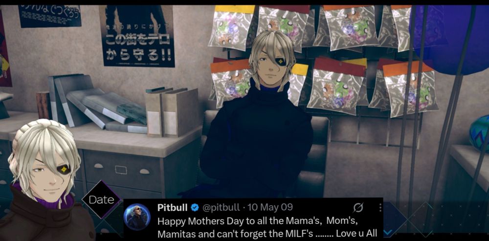 A screenshot of Kaname Date from AI: The Somnium Files Nirvana Initiative; he is sitting in Boss' office and smirking slightly. Superimposed over his dialogue box is a tweet from Pitbull on 10/05/2009 that reads "Happy Mothers Day to all the Mama's, Mom's, Mamitas and can't forget the MILF's............. Love u All"