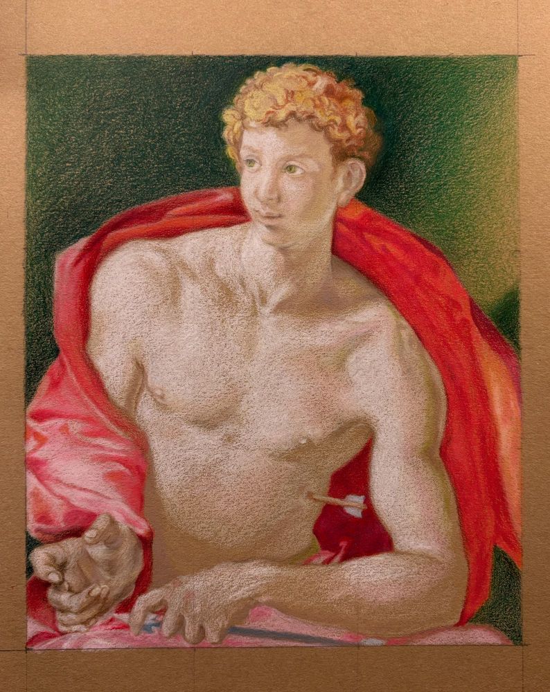 Colored Pencil drawing of St. Sebastian looking outwards, right hand outstretched and arrow in his left hand.