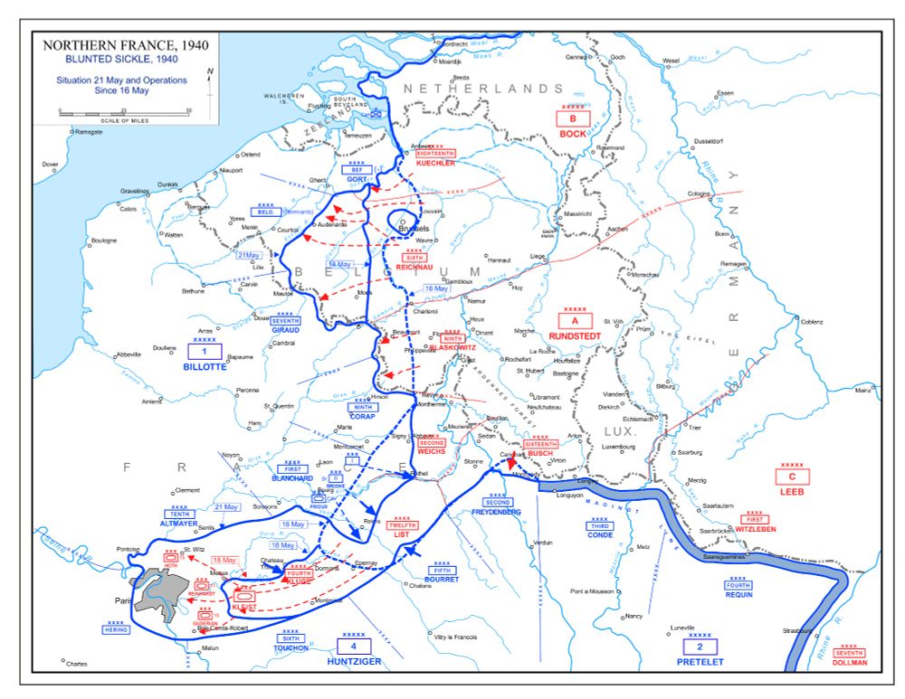 This is an alt-history map from the timeline "A Blunted Sickle." It depicts an alternate Battle of France in which the French kept some more forces in reserve, allowing them to counterattack and cut off the German thrust. 