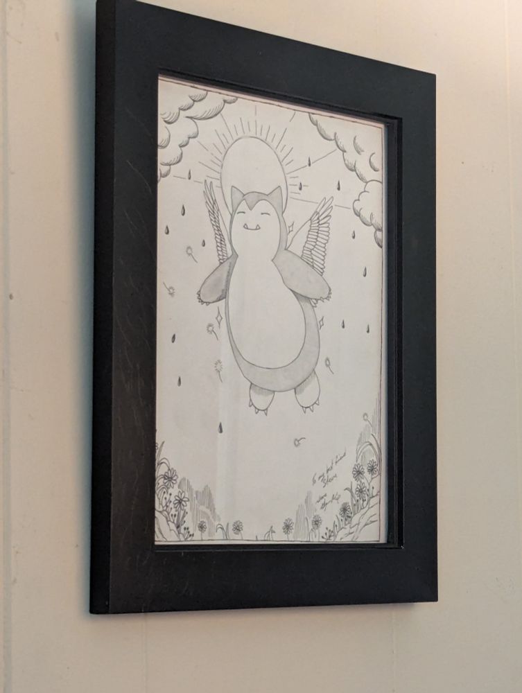 A hand drawn image of a Snorlax with wings in light rain above meadow with flowers 