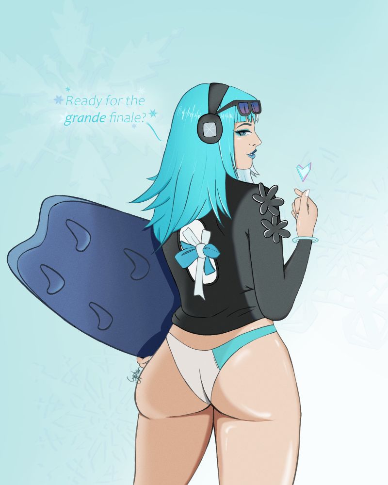 Luna Snow in her newest Marvel Rivals Summer 2025 swimsuit skin. Her back if facing toward you displaying her butt. She looks back at you asking "Ready for the grande finale?" while holding up a finger heart gesture. 