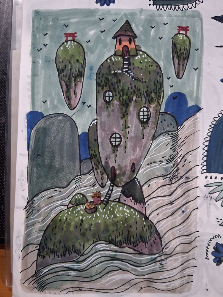 Traditional sketch of a floating rock in which someone has made their home. In the back are smaller rocks with torii gates on top. In the far distance, chinese inspired round mountains
