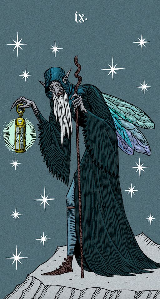 the hermit tarot card. the hermit is an old, bent fairy man with blue-green insect wings. he's holding a lantern and staff and is standing on a mountain top surrounded by stars