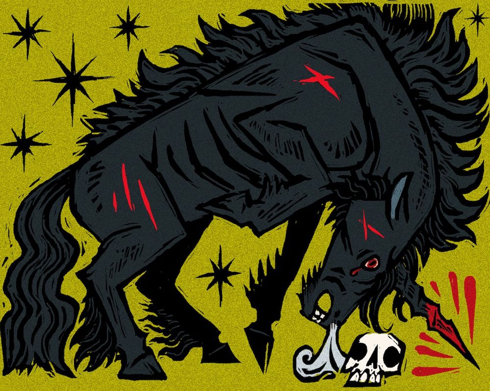 a black, hairy unicorn with a bloody horn