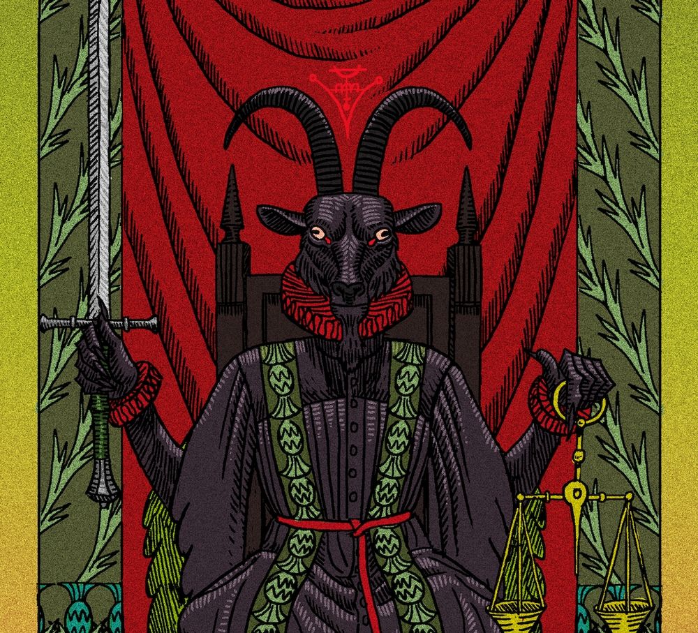 details of the card above. a demon's sigil crests the horns of the goat