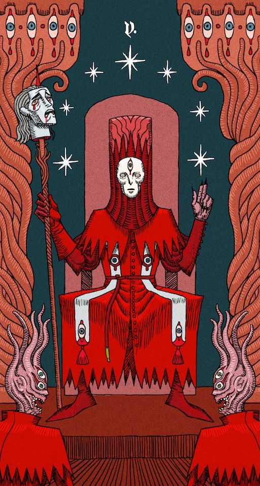 tarot card illustration of the hierophant. he's all in cardinal red and wears a white mask, while also wearing a very high hat/hood. the left hand is pointing upwards. the right is holding a staff with a head impaled on it. in front of him are two other priests/worshippers. their heads are twisted and deformed and tentacles are sprouting from their skulls