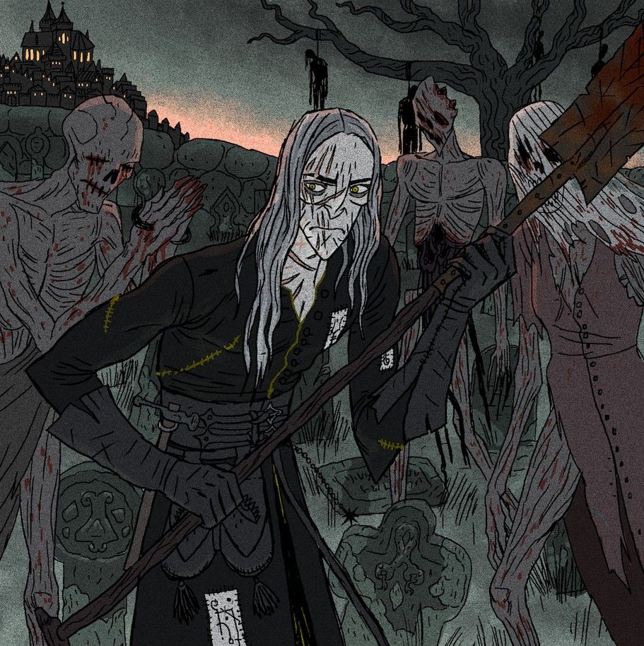 my oc wemut fighting undead with a shovel