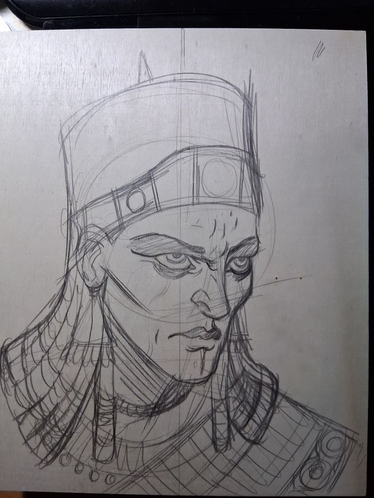 Sketch of an assyrian person looking grumpy