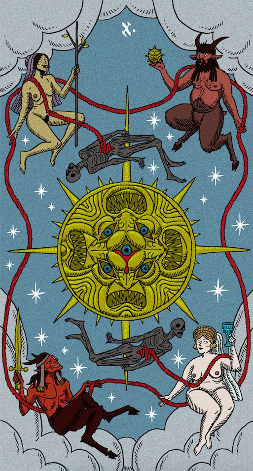 the wheel of fortune tarot card. in the centre, there's a golden disk with two smiling and two growling faces, all merged in the middle like a Ianus head. in the four corners are a nymph and satyr each, holding the four suits, chalice, wand, coin and sword. two skeletons are circling the face disk, their entrails framing the while scene and draping around the figures.