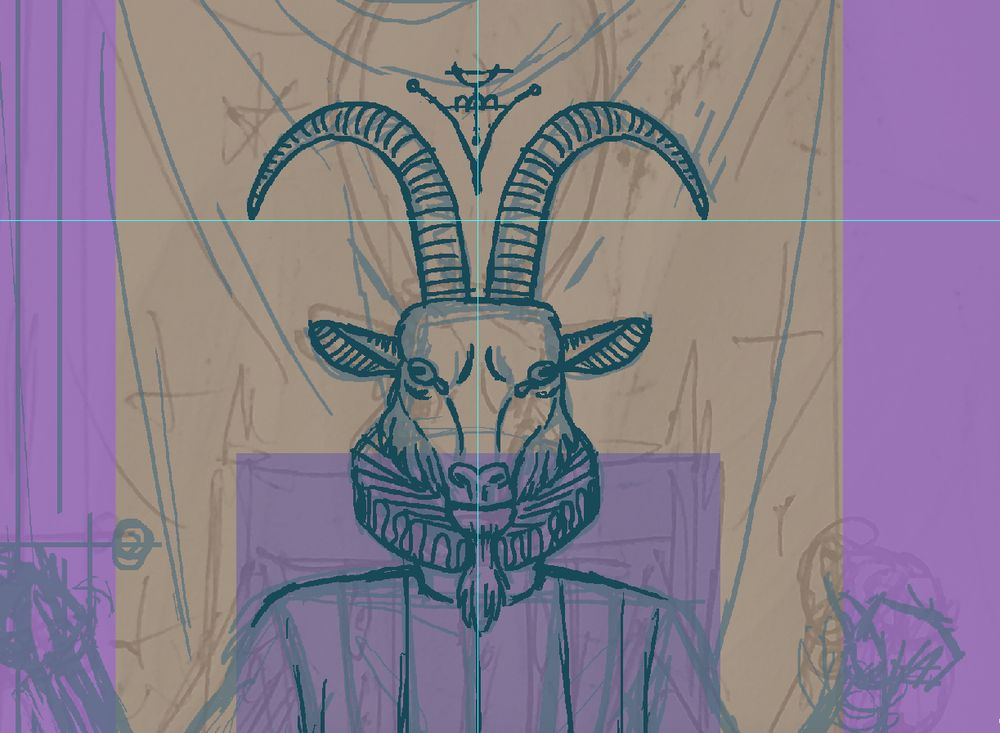 sketch of the Justice tarot card, depicting an anthropomorphic billy goat character