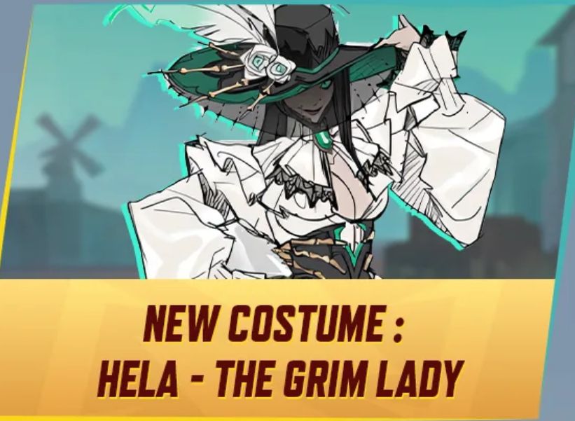 Hela from Marvel Rivals with a big hat. It's all very Victorian gothic, kind of a fun monochrome vibe. Looks like she owns 100 evil dogs.