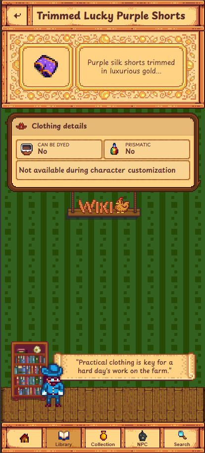 Teaser image for my upcoming app, Gunther's Library. Screenshot showing the item detail page for the "Trimmed Lucky Purple Shorts".