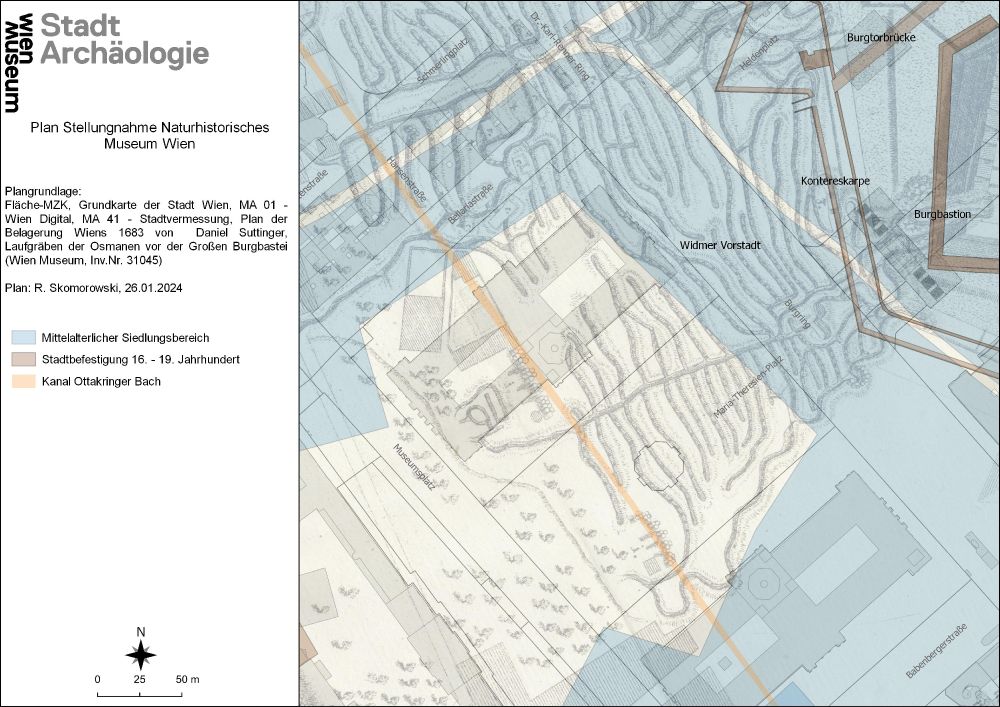 Plan Stellungnahme Naturhistorisches Museum Wien. Laufgräben der Osmanen vor der Großen Burgbastei (Wien Museum, Inv.Nr. 31045) © Stadtarchäologie Wien