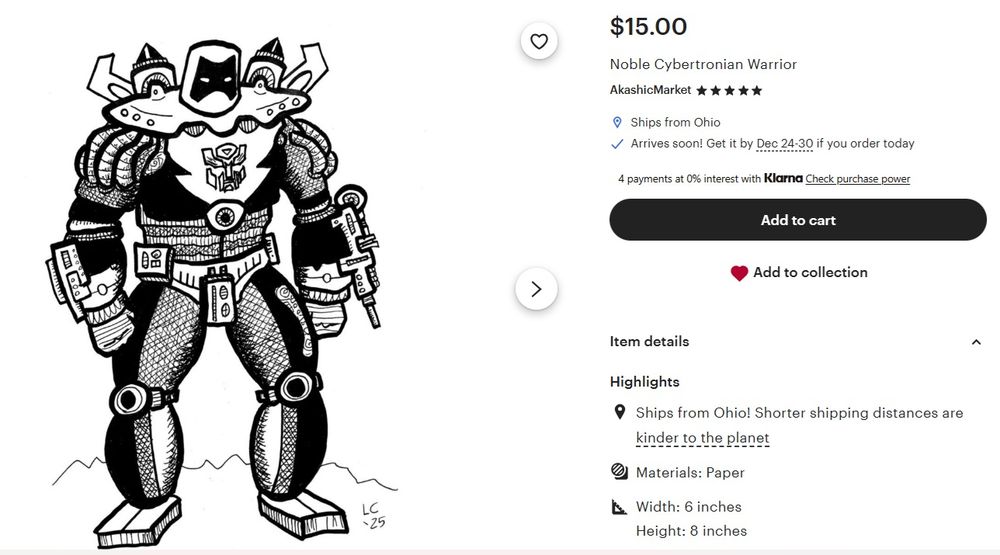 Screen shot from my Etsy shop, I drew a Transformer--not a real one, one I made up, but I didn't give him a name or anything--and now I'm selling the drawing for fifteen bucks.