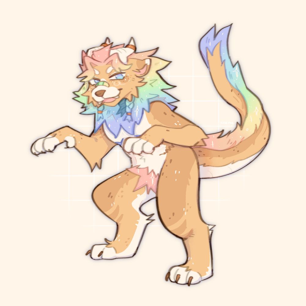 Digital art of anthro furry hybrid of lion and dragon in orange and rainbow pallette, they looks cute and soft, staying in dragon or kaiju playful pose