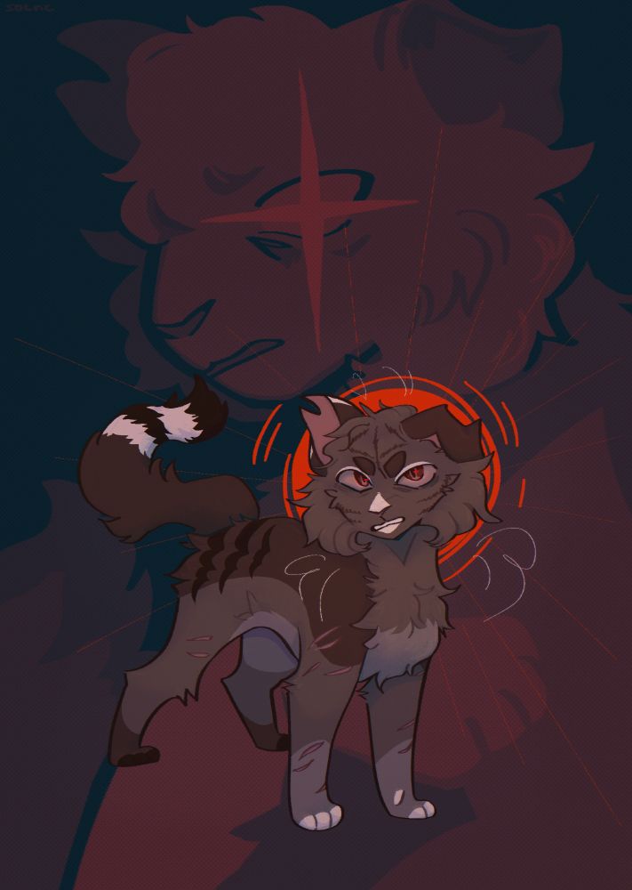 digital art in the style of a poster for warrior cats with a religious motif of a sacrificial lamb. The image is made in a red, gray and blue palette There is a brown cat in the foreground, the main character looks somewhat angry and indignant, with a flaming fiery halo behind his head The same character is depicted in the background, he is melancholic, and the stars are in her eyes.