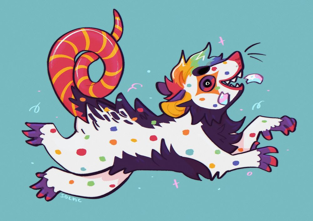 digital art of light and bright color feral sparkle clown themed possum on blue background who eated fun dip candy