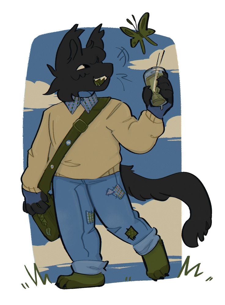 Digital art of anthro furry feline or cat void on soft sky background
They vearing goblincore clothes (blue jeans with patches, sveater and plaid shirt) They have a bag and tea with them, and they are being chased by a large butterfly