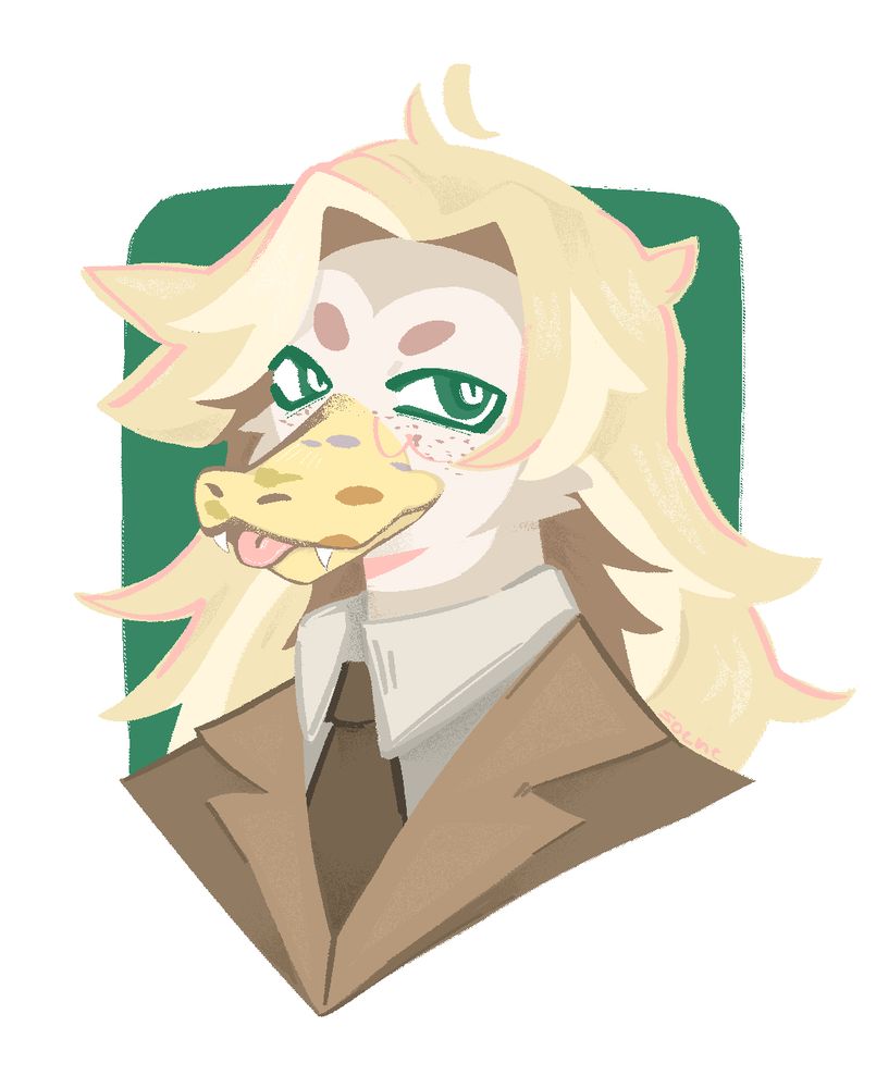 Digital art of anthro furry duck who have fangs and look tired and silly