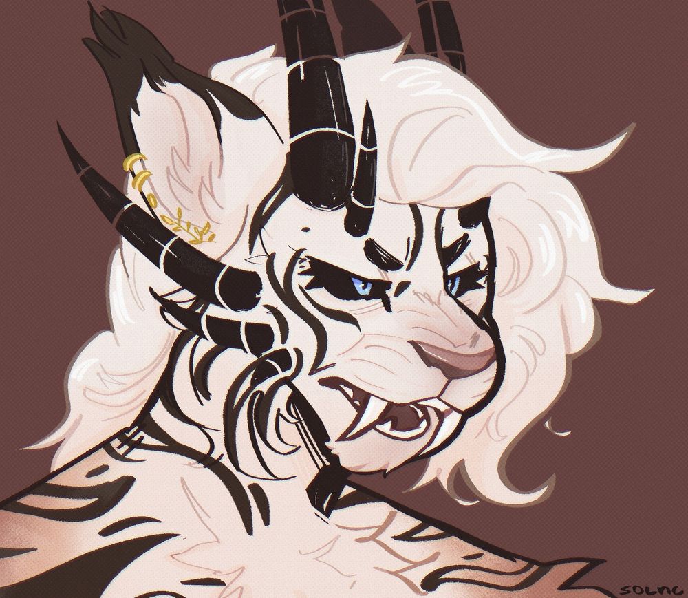 digital art of furry anthro lioness with horns and stipes, she looks annoyed and angry
