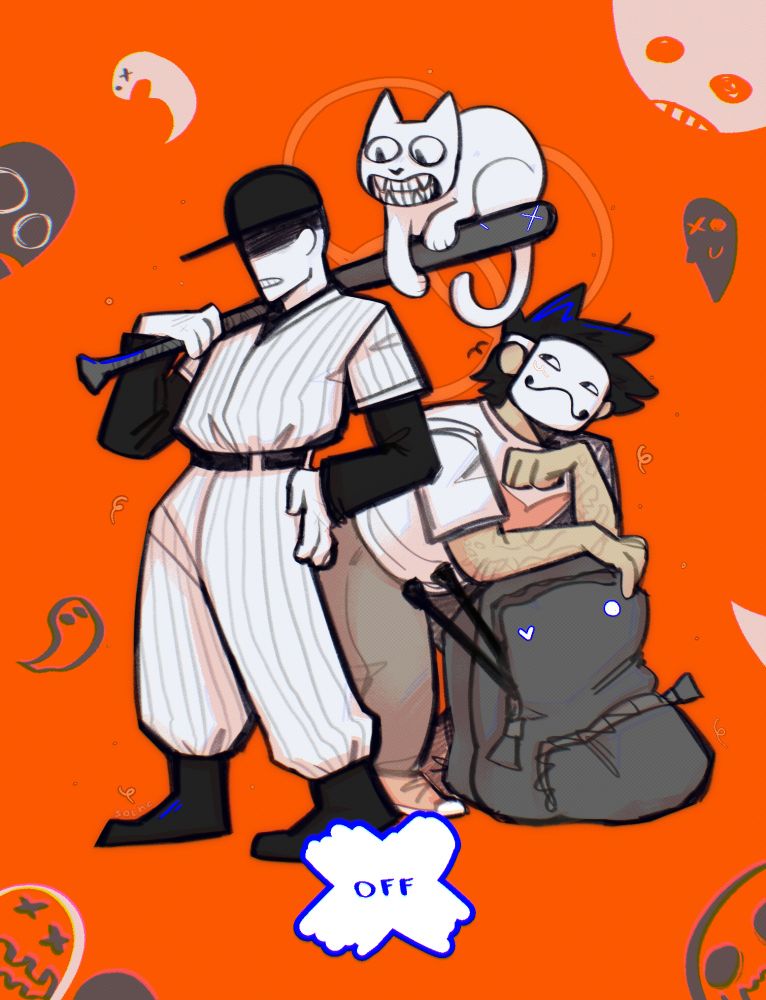 digital fan art of off the game characters: batter, zacharie and judje. Art have white, grayscale and orange pallette with blue accent